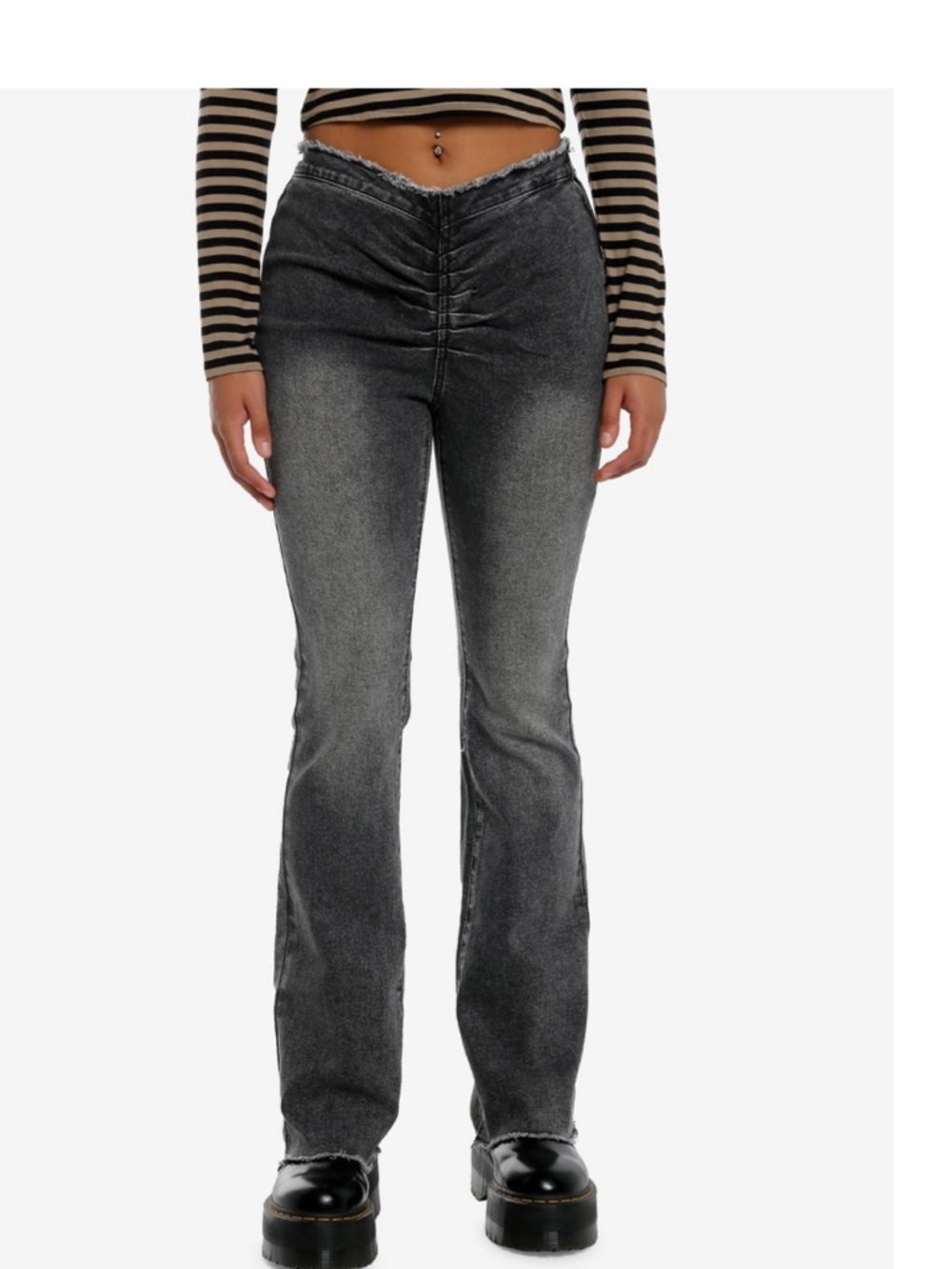 Black Wash Ruched V-Cut Flare Jeans